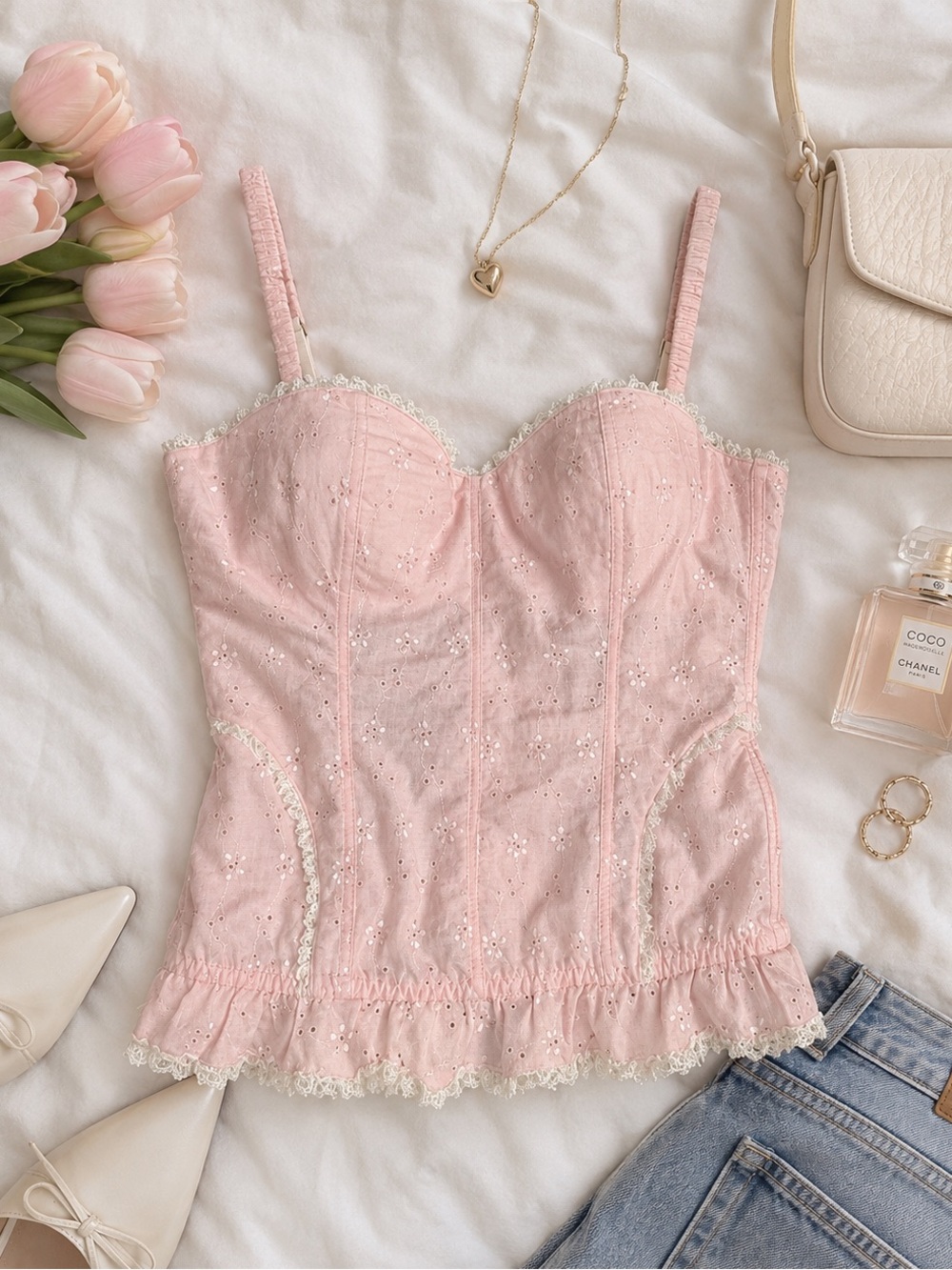 Blush Pink Eyelet Corset Camisole Romantic Fairy Cottagecore Lace Bustier Top S